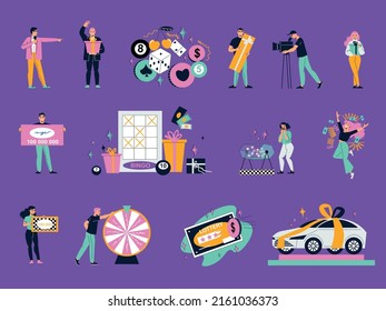 Fortune games and lottery gambling flat icons set on purple background isolated vector illustration