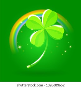 Fortune and Good Luck Metaphor. Lucky Four Leaf Clover Shine and Bright on a Gradient Dark Green Background. Clover with Rainbow Saint Patrick Day symbol. Vector cute illustration.