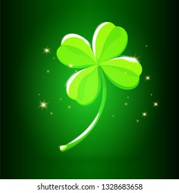 Fortune and Good Luck Metaphor. Lucky Four Leaf Clover Shine and Bright on a Gradient Dark Green Background. Vector cute illustration.