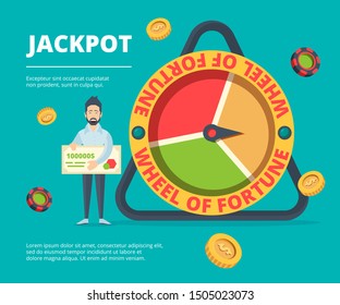 Fortune happy people. Victory lucky person near wheel fortune game roulette players spinning lottery chance vector concept