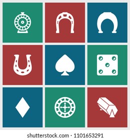 Fortune icon. collection of 9 fortune filled icons such as diamonds, roulette, horseshoe, spades, horseshoe, dice. editable fortune icons for web and mobile.
