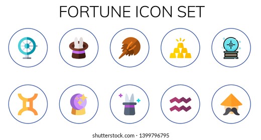 fortune icon set. 10 flat fortune icons.  Simple modern icons about  - roulette, gemini, magic, magic ball, horseshoe, magician, gold ingot, aquarius, crystal ball, chinese