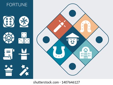 fortune icon set. 13 filled fortune icons.  Collection Of - Chinese, Magic, Spell, Casino, Dice, Crystal ball, Horseshoe