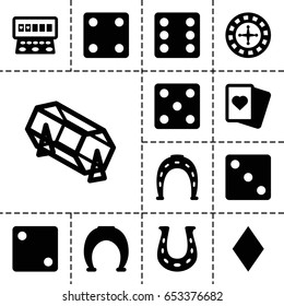 Fortune icon. set of 13 filled fortuneicons such as diamonds, roulette, horseshoe, dice, lottery, spades, slot machine