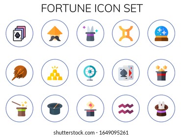fortune icon set. 15 flat fortune icons.  Simple modern icons such as: playing cards, horseshoe, chinese, gold ingot, magician, roulette, gemini, crystal ball, magic, aquarius