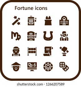  fortune icon set. 16 filled fortune icons. Simple modern icons about  - Magic, Slot machine, Casino, Virgo, Horseshoe, Croupier, Checker, Dice, Spell, Chinese, Gambling