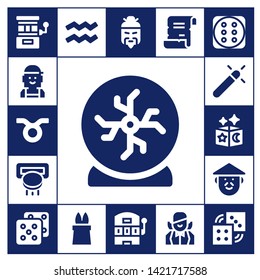 fortune icon set. 17 filled fortune icons.  Collection Of - Slot machine, Checker, Taurus, Crystal ball, Magic, Chinese, Dice, Aquarius, Spell, Croupier, Dices