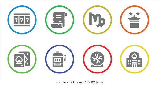 fortune icon set. 8 filled fortune icons.  Simple modern icons about  - Slot machine, Playing cards, Spell, Virgo, Crystal ball, Magic, Casino