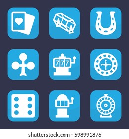 fortune icon. Set of 9 filled fortune icons such as Clubs, Roulette, Slot machine, Dice, lottery, Spades