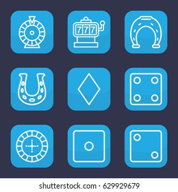 Fortune icon. set of 9 outline fortune icons such as diamonds, roulette, slot machine, dice