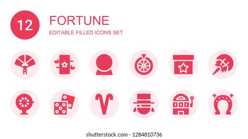 fortune icon set. Collection of 12 filled fortune icons included Paper fan, Magic, Crystal ball, Roulette, Dice, Aries, Magician, Slot machine, Horseshoe