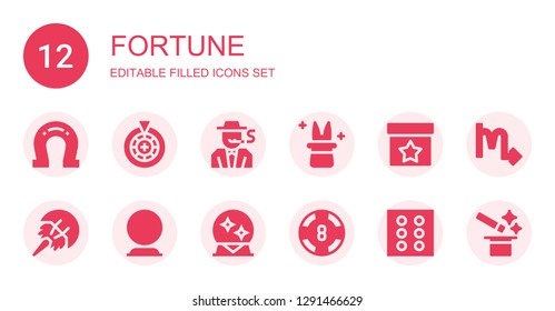 fortune icon set. Collection of 12 filled fortune icons included Horseshoe, Roulette, Gambler, Magician, Magic, Crystal ball, Magic ball, Casino, Dice, Scorpio