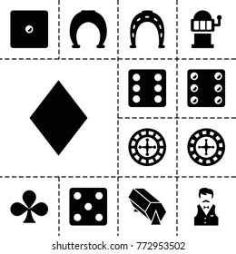 Fortune icons. set of 13 editable filled fortune icons such as roulette, horseshoe, dice, slot machine, horseshoe, clubs, diamonds, lottery