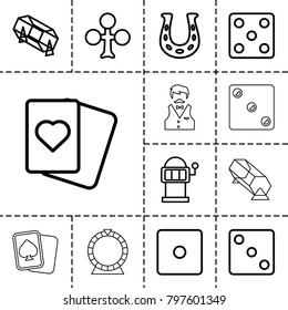 Fortune icons. set of 13 editable outline fortune icons such as clubs, dice, lottery, spades, slot machine, horseshoe, roulette