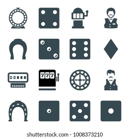 Fortune icons. set of 16 editable filled fortune icons such as diamonds, horseshoe, dice, casino boy, slot machine, roulette