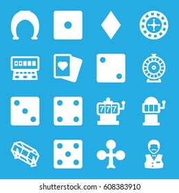 Fortune icons set. set of 16 fortune filled icons such as Clubs, Diamonds, Roulette, Slot machine, Dice, lottery, Casino boy, Spades