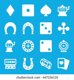 Fortune icons set. set of 16 fortune filled icons such as spades, clubs, diamonds, roulette, slot machine, horseshoe, dice, lottery