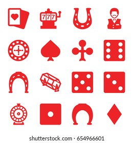 Fortune icons set. set of 16 fortune filled icons such as spades, clubs, diamonds, roulette, slot machine, horseshoe, dice, lottery, casino boy