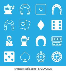 Fortune icons set. set of 16 fortune filled and outline icons such as diamonds, roulette, slot machine, horseshoe, dice, casino boy, spades