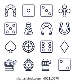 fortune icons set. Set of 16 fortune outline icons such as Spades, Clubs, Diamonds, Roulette, Slot machine, Horseshoe, Dice, Casino boy