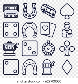 Fortune icons set. set of 16 fortune outline icons such as spades, clubs, diamonds, slot machine, horseshoe, dice, roulette, lottery, casino boy