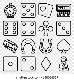 Fortune icons set. set of 16 fortune outline icons such as spades, clubs, diamonds, dice, roulette, lottery, casino boy, slot machine