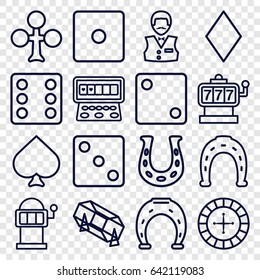 Fortune icons set. set of 16 fortune outline icons such as spades, clubs, diamonds, roulette, slot machine, horseshoe, dice, lottery, casino boy