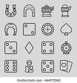 Fortune icons set. set of 16 fortune outline icons such as spades, diamonds, roulette, slot machine, horseshoe, dice, casino boy