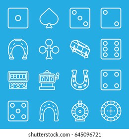 Fortune icons set. set of 16 fortune outline icons such as spades, clubs, roulette, slot machine, horseshoe, dice, lottery