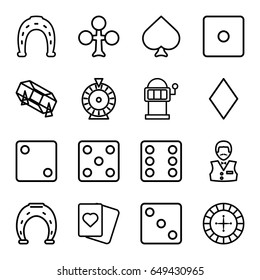 Fortune icons set. set of 16 fortune outline icons such as spades, clubs, diamonds, roulette, horseshoe, dice, lottery, casino boy, slot machine