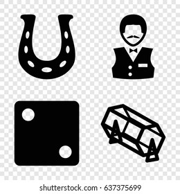 Fortune icons set. set of 4 fortune filled icons such as dice, lottery, casino boy