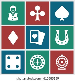 Fortune icons set. set of 9 fortune filled icons such as Spades, Clubs, Diamonds, Roulette, Dice, Casino boy