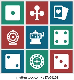 Fortune icons set. set of 9 fortune filled icons such as Clubs, Roulette, Slot machine, Dice