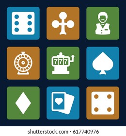 Fortune icons set. set of 9 fortune filled icons such as Spades, Clubs, Diamonds, Slot machine, Dice, Roulette