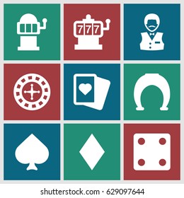 Fortune icons set. set of 9 fortune filled icons such as Spades, Diamonds, Roulette, Slot machine, Dice, Casino boy
