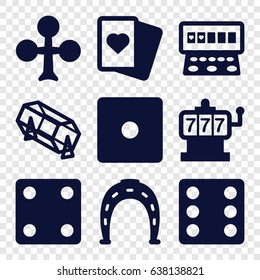 Fortune icons set. set of 9 fortune filled icons such as clubs, slot machine, horseshoe, dice, lottery