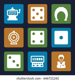 Fortune icons set. set of 9 fortune filled icons such as slot machine, dice, roulette, casino boy