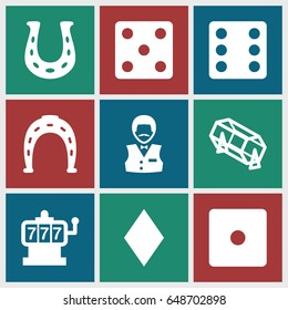 Fortune icons set. set of 9 fortune filled icons such as diamonds, slot machine, horseshoe, dice, lottery, casino boy