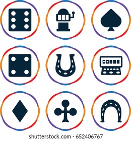 Fortune icons set. set of 9 fortune filled icons such as spades, clubs, diamonds, horseshoe, dice, slot machine