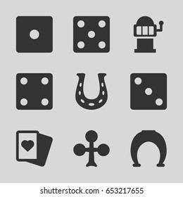 Fortune icons set. set of 9 fortune filled icons such as clubs, dice, spades, slot machine