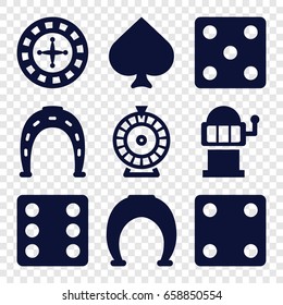 Fortune icons set. set of 9 fortune filled icons such as spades, roulette, horseshoe, dice, slot machine