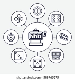 fortune icons set. Set of 9 fortune outline icons such as Clubs, Roulette, Slot machine, Dice