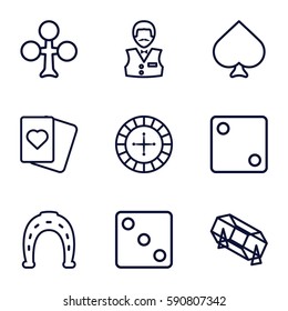 fortune icons set. Set of 9 fortune outline icons such as Spades, Clubs, Roulette, Horseshoe, Dice, lottery