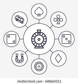 Fortune icons set. set of 9 fortune outline icons such as spades, clubs, diamonds, roulette, dice, lottery