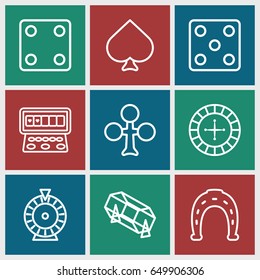 Fortune icons set. set of 9 fortune outline icons such as spades, clubs, roulette, horseshoe, dice, lottery