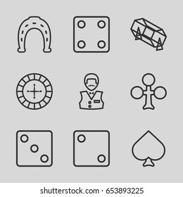 Fortune icons set. set of 9 fortune outline icons such as spades, clubs, roulette, horseshoe, dice, lottery