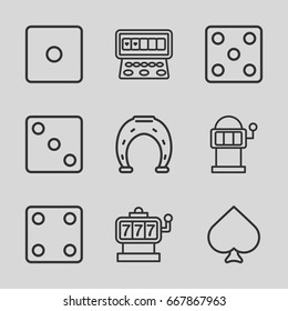Fortune icons set. set of 9 fortune outline icons such as spades, slot machine, dice
