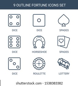 fortune icons. Trendy 9 fortune icons. Contain icons such as Dice, Spades, horseshoe, Roulette, lottery. fortune icon for web and mobile.