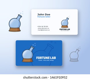 Fortune Laboratory Abstract Vector Sign or Logo and Business Card Template. Magic Ball and Chemistry Flask Concept Symbol. Premium Stationary Realistic Mock Up. Isolated.