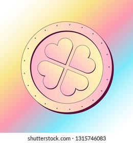 Fortune Metaphor. Good Luck Concept. Golden Coin with Four Leave Clover on a Gradient Retrowave Rainbow Background. Vector cute illustration.